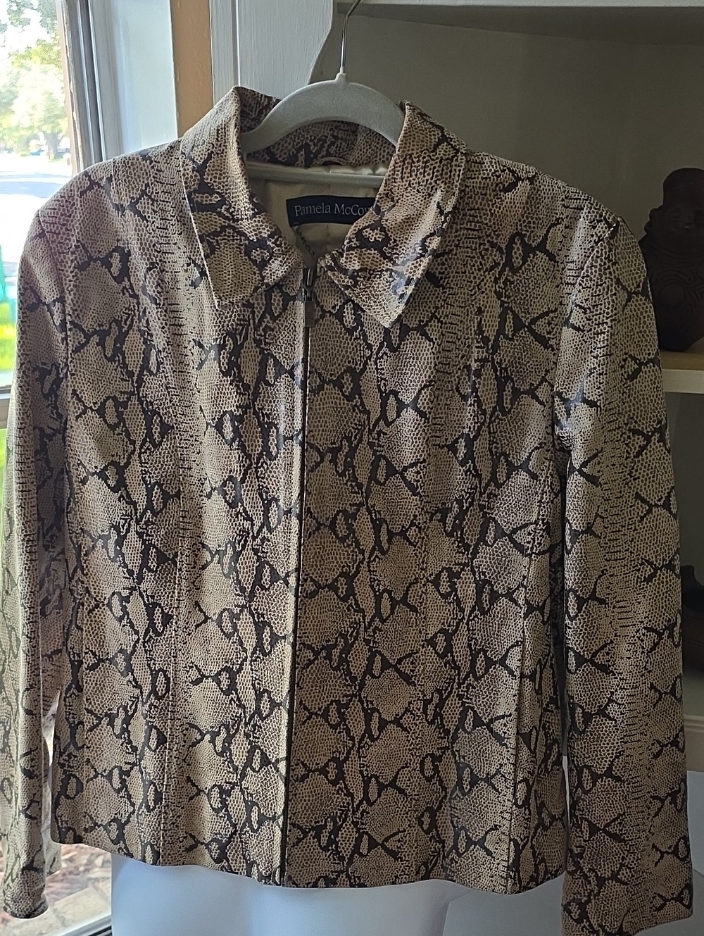 Pamela McCoy Snake-Print Leather Zip Jacket